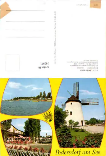 742931 Mehrbild AK Podersdorf a. See Windmühle Gastgarten mit Kirche im Hintergrund