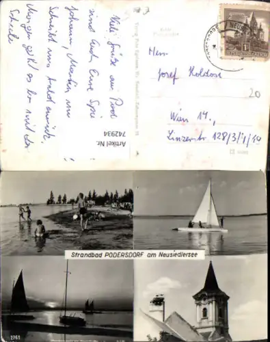 742934 Mehrbild Foto AK Podersdorf a. See Strandbad Badeufer Segelboote Storchenhorst m. Kirchturm