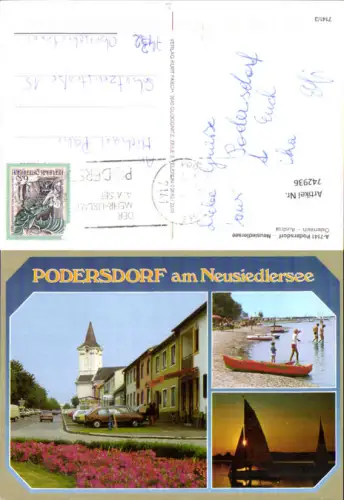 742936 Mehrbild Foto AK Podersdorf a. See Straßenpartie m. Kirche Badeufer Segelboote