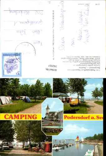 742937 Mehrbild AK Camping Podersdorf a. See Zelten Segelboot Hafen Kirche