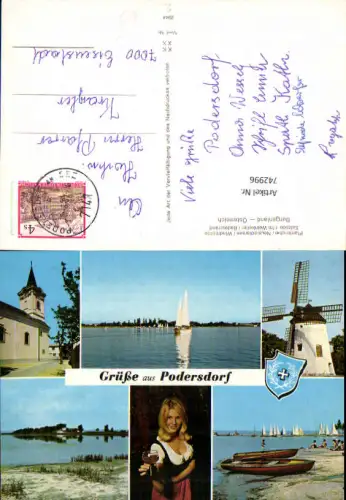 742996 Mehrbild AK Podersdorf a. See Kirche Windmühle Frau m. Wein