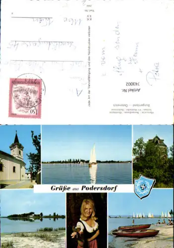 743002 Mehrbild AK Podersdorf a. See Kirche Frau mit Wein Segelboot