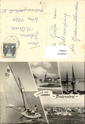 743004 Mehrbild AK Podersdorf a. See Kirche Segeln Segelboote Camping
