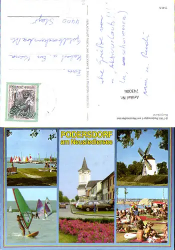 743006 Mehrbild AK Podersdorf a. See Windmühle Badeufer Windsurfen Kirche