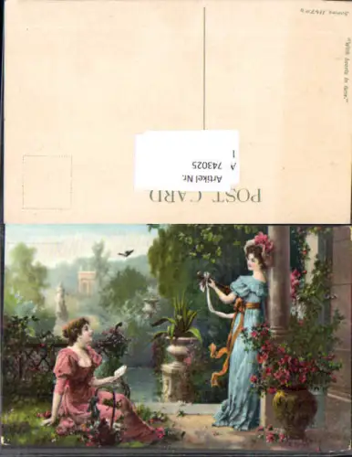 743025 Künstler AK Frauen vor Haus Lesen Musik Laute Mandoline