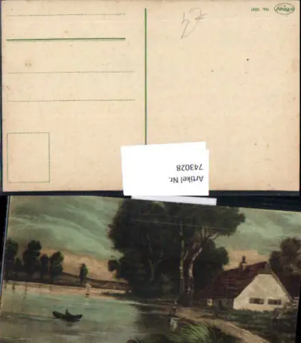 743028 Künstler AK Haus mit Landschaft Ruderboot Frau a. Ufer