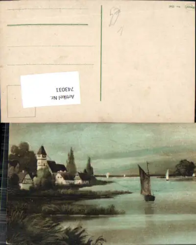 743031 Künstler AK Segelboot Landschaft mit Dorf Kirche a. Ufer