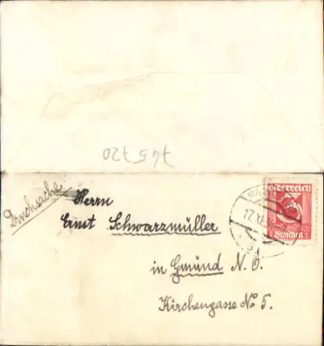 Brief an Ernst Schwarzmüller Gmünd Stempel Wien 1934