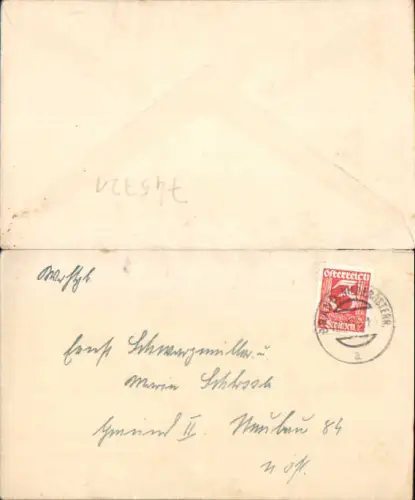 Brief an Ernst Schwarzmüller Gmünd Stempel Brand b. Gmünd Niederösterreich