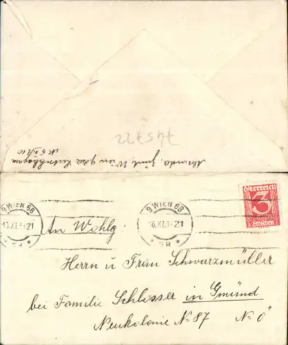 Brief Frau Schwarzmüller b. Fam. Schlosser in Gmünd 1931
