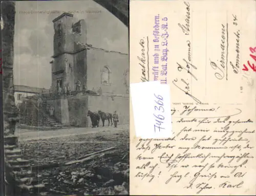 746366 Kriegs-Errinnerungskarte Kirche in Vaucourt Zerstört WW1 Soldaten Pferde France