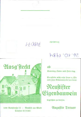 748071 Ganzsache Wien Döbling Neustift a. Wald Augustin Trauer Eigenbauwein Wein Heuriger