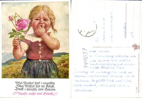 749037 Künstler AK C. H. Roth Weinende Mädchen Zöpfe Rose geknickt Spruch pub Lengauer 3008