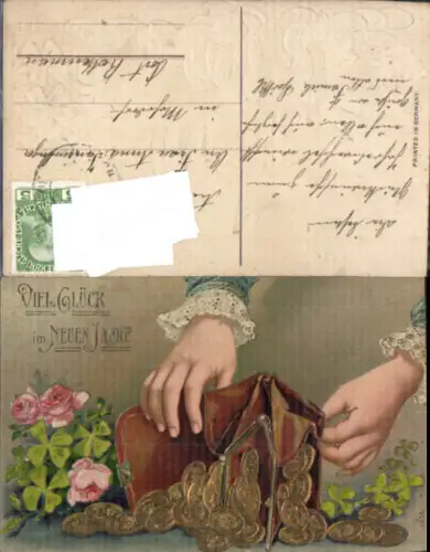 749278 Lithographie Neujahr Geld Münzen Rosen Blumen gel Mardorf Rottenmann