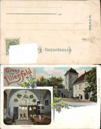 749329 tolle Lithographie Gruß aus Lilienfeld 1900 Kellerstüberl