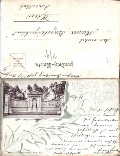 749553 Lithographie Gruß aus Wien Grillparzer Denkmal Jugendstil