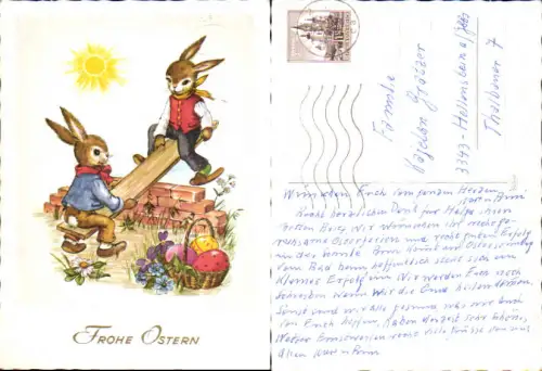 750539 tolle AK Ostern Osterhase vermenschlicht Wippe Ostereier