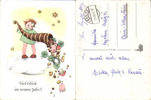 750586 Neujahr Kind Hufeisen Ferkel 1947 n. Hollenstein bar bezahlt ohne Frankatur