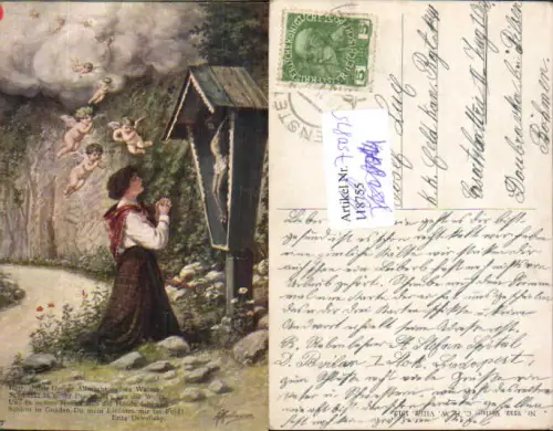 750875 Künstler AK A. Hartmann Frau betet am Bildstock Marterl Engel Schutzengel Wegkreuz