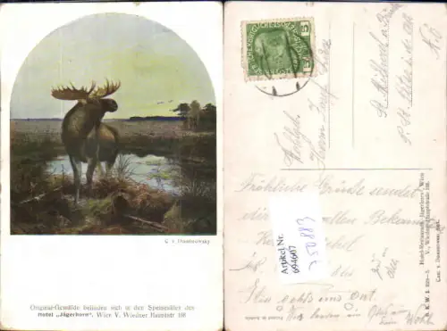 750883 Künstler AK C. v. Dombrowsky Elch Hirsch Jagd Jäger gel St. Peter in d. Au pub B.K.W.I. 229-5