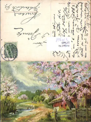 750968 Künstler AK Frühling blühende Bäume Bauernhof Dorf Stp. Rastatt n. Heidelberg