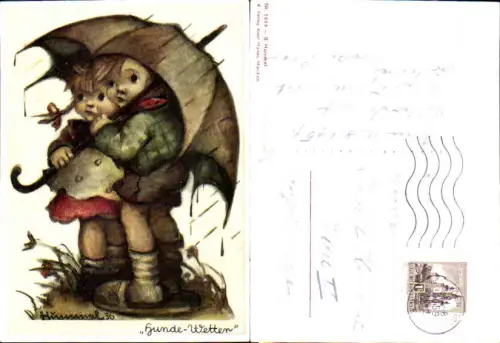 751030 Künstler AK Berta Hummel Hunde Wetter Regenschirm Schirm Kinder Juxkarte