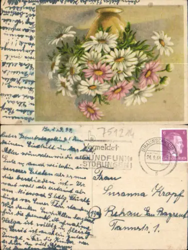 751214 Stempel Braunschweig n. Rehau Bayreuth 1944 Blumen Gänseblümchen