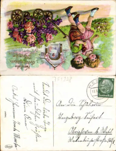 751228 Stempel Wesel n. Obrighoven Kinder Geburtstag Blumen Blumenwagen