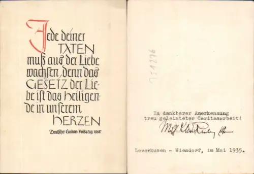 751276 Deutscher Caritas Volkstag 1935 Wiesdorf Leverkusen Widmung