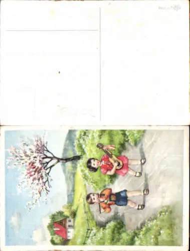 751298 Künstler AK Kinder Gitarre Flöte Baum Haus