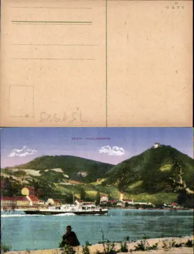 751329 Wien Döbling Kahlenberg Leopoldsberg Fischer Angler Schiff Dampfer