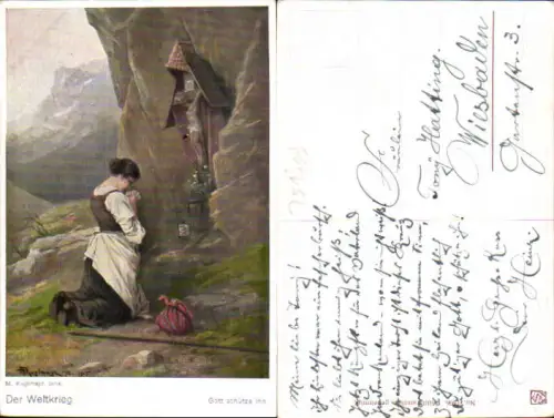 751409 Künstler AK M. Kuglmayr Frau betet beten Kreuz Wegkreuz Gott schütze ihn