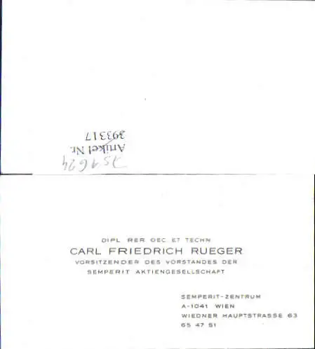751624 Wien Wieden Semperit Vorstand carl F. Rueger Visitenkarte