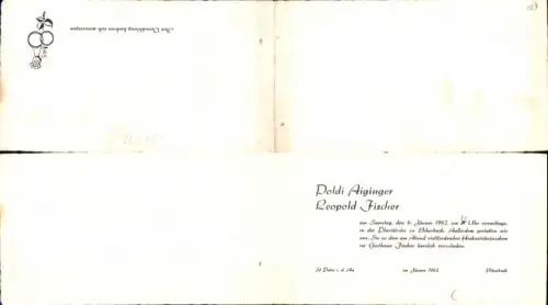 752232 Biberbach St. Peter in der Au 1962 Hochzeits-Einladung
