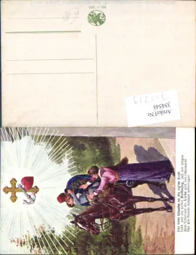 752259 Künstler AK Patriotik Soldat Pferd Glaube Anker Herz