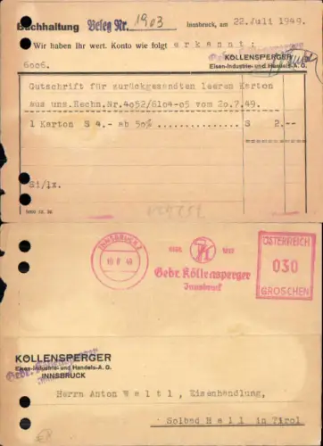 752431 Postkarte Gebr. Köllensperger Innsbruck Hall in Tirol