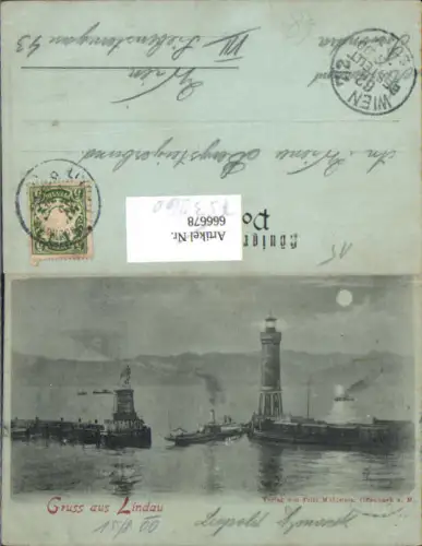 753260 Mond Lithographie Gruß aus Lindau am Bodensee Leuchtturm
