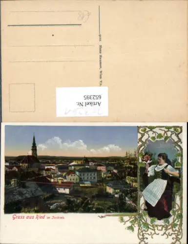 753261 tolle Lithographie Gruß aus Ried im Innkreis Tracht Innviertel Jugendstil