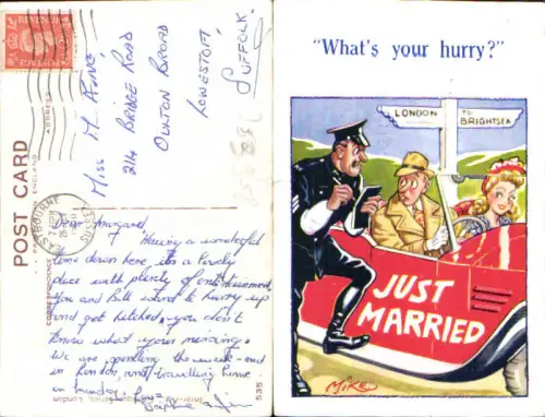 753958 Künstler AK Scherz Humor Mike Police Polizei Hochzeit Auto Strafe