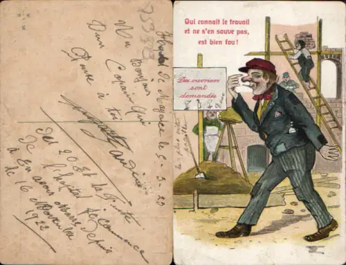 753979 Künstler AK Scherz Humor Baustelle Arbeiter Leiter