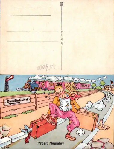754000 Künstler AK Scherz Humor Prosit Neujahr Bahnhof Zug
