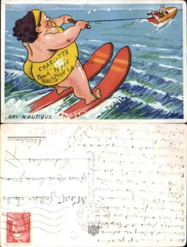 754005 Künstler AK Scherz Humor Wasserskifahren Wasserski Frau