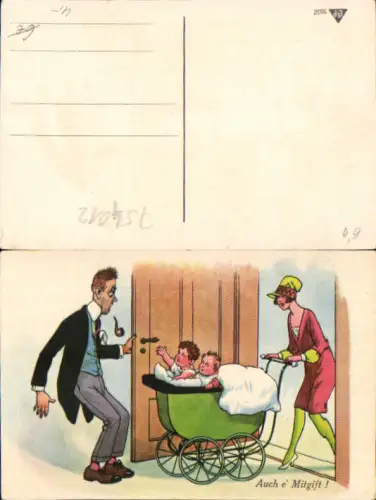 754012 Künstler AK Scherz Humor Kinderwagen Mann Mutter Pfeife