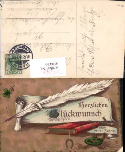 754248 Präge AK Neujahr Feder Urkunde Buch Hufeisen Klee Schreibfeder