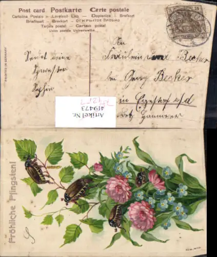 754253 Präge Lithographie Maikäfer Pfingsten Blumen