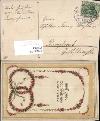 754255 tolle Jugendstil Präge Lithographie Neujahr Blumen Schlaufen