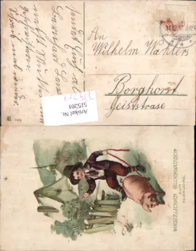 754257 Lithographie Bub Junge Ferkel an Leine Schwein Neujahr