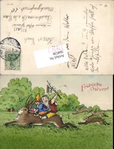 754263 Lithographie handgemalt Ostern Zwerg reitet auf Hasen Osterhase Fürstenwalde
