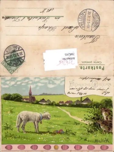 Lithographie Alfred Mailick Ostern Schaf Hase Stp. Leuben n. Seidnitz Dresden Blasewitz