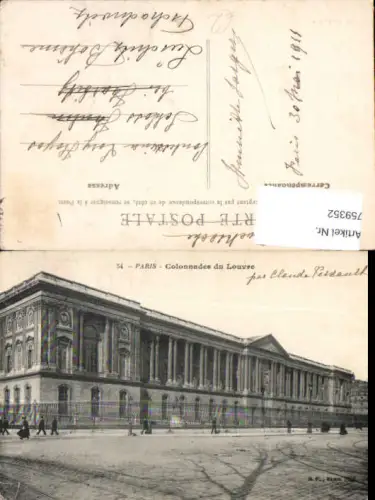 759352 Paris Colonnades du Louvre Dept. Paris France 1911